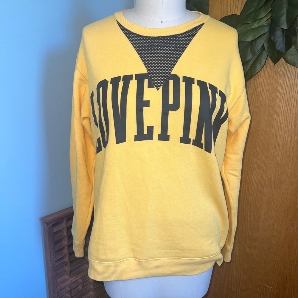 LOVE PINK Victoria's Secret Yellow Black Mesh Accent Sweatshirt Pullover Smallโ